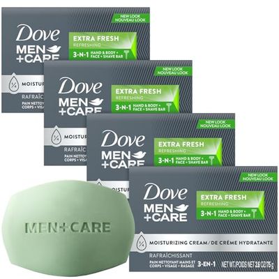Dove Soap Bar for Men, MenCare Extra Fresh Scent, 4-Pack - Hydrating 3-in-1 Body, Hand, and Face Cleanser for Men, 2.6 Oz Ea