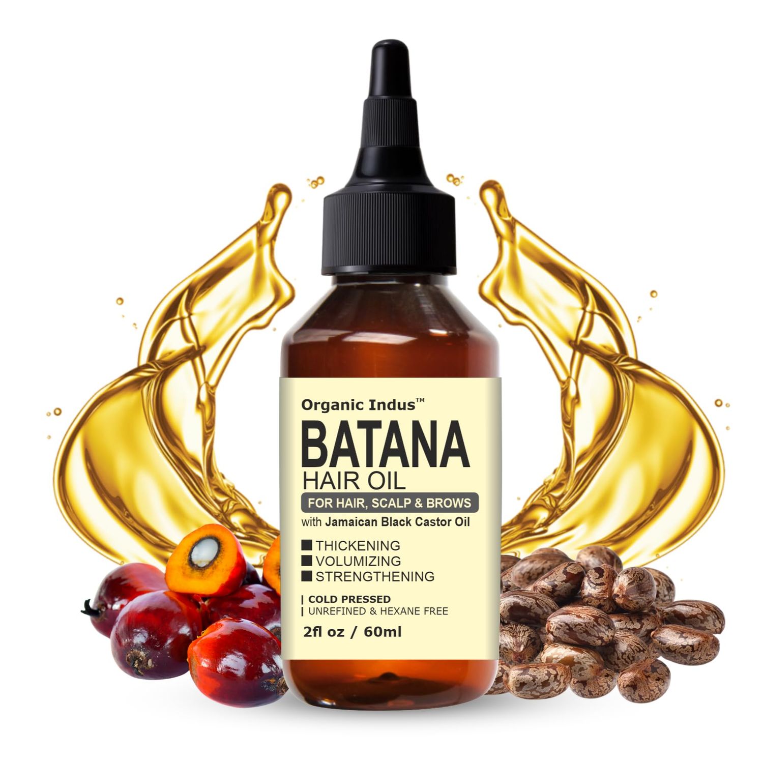 Organic Indus Batana Hair Oil for Scalp Hair Strengthening, Treatment Oil, Eyebrow Eyelash Nourishing Infused with Jamaican Black Castor Oil, 2 Ounce