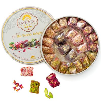 Zaitoune Turkish Delight Mix - 9 oz Luxury Coatings of Pomegranate, Pistachio, Coconut, Kataifi Rose Authentic Lokum Sweet Assortment in a Beautiful Gift Tin Handmade Individually Wrapped