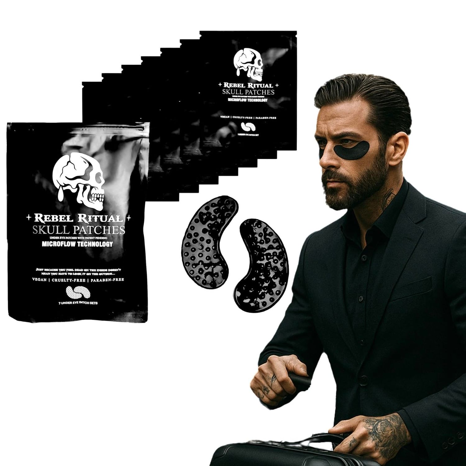 NEW Rebel Ritual Under Eye Skull Patches for Men with MicroFlow Tech - Dark Circles, Puffiness Anti-Aging Eye Mask, Collagen Vitamin Infused Hydrogel Treatment, No-Slip Cooling Design (7 Pairs)