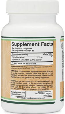 Horny Goat Weed for Men and Women - No Fillers (Max Strength Epimedium Std. to 20 Icariins) 1,000mg per Serving, 90 Capsules (Male Enhancing Supplement) by Double Wood