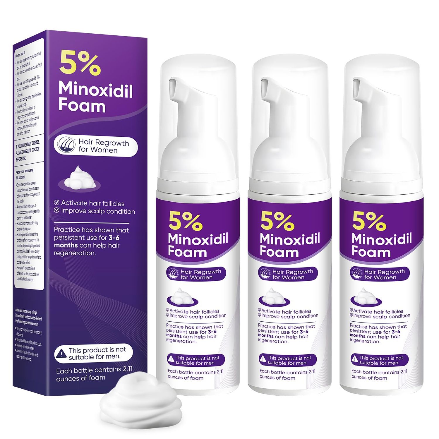 5 Minoxidil Foam for Women Hair Growth Foam Suitable for Hair Thinning Receding Hairline and Hair Loss to Hair Regrowth Get Thicker Fuller Hair 3 Bottles 2.11 Ounces Each