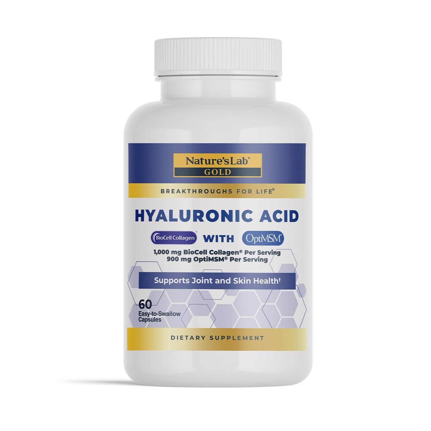 Nature&#39;s Lab Hyaluronic Acid with Biocell Collagen and MSM - Skin Hydration, Joint Health - 60 Capsules (20 Day Supply)