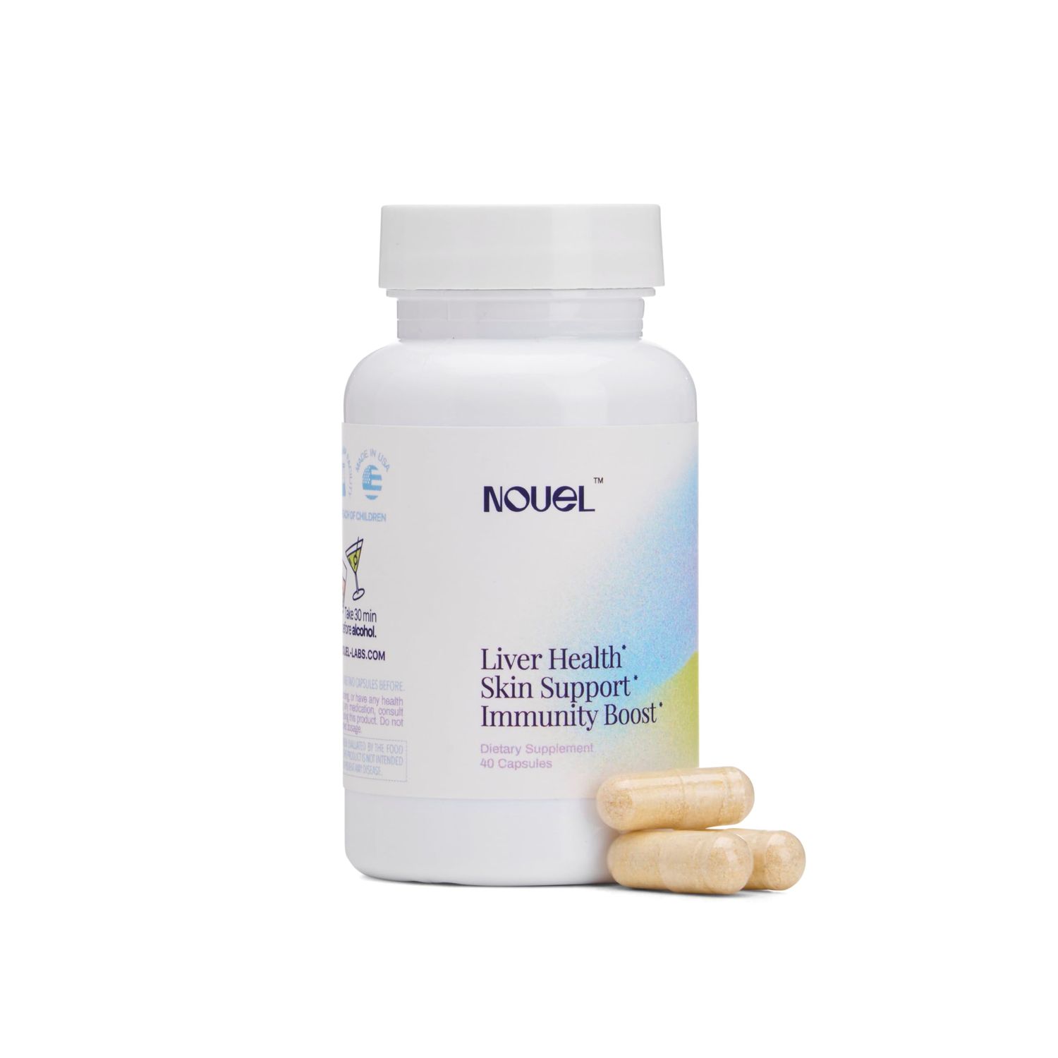 Nouel Skin Liver Immunity Support Recovery Supplement for Drinking Milk Thistle, NAC, Hyaluronic Acid, CoQ10, Biotin, Antioxidants 40 Capsules