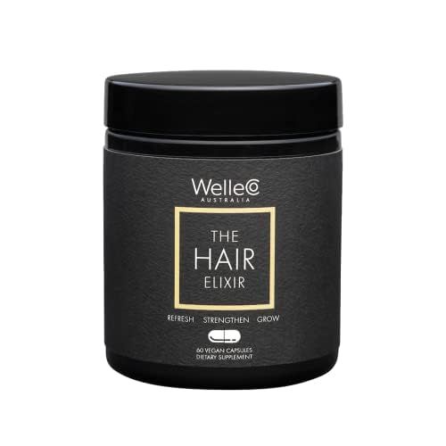 WelleCo The Hair Elixir Vegan Hair Care Supplement with Biotin, Iron, Zinc Rhodiola, Promotes Hair Growth Thickness and Helps Reduce Breakage, Gluten Free Hair Skin and Nails Vitamins, 60 Capsules