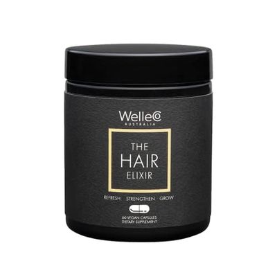 WelleCo The Hair Elixir Vegan Hair Care Supplement with Biotin, Iron, Zinc Rhodiola, Promotes Hair Growth Thickness and Helps Reduce Breakage, Gluten Free Hair Skin and Nails Vitamins, 60 Capsules