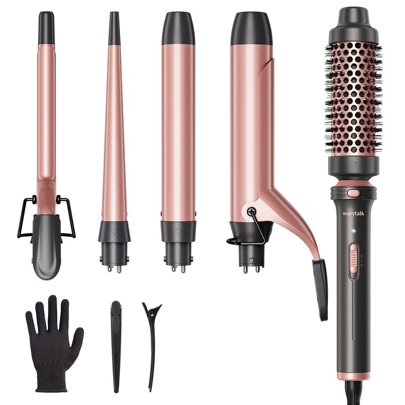 Wavytalk 5 in 1 Curling Iron Set with Curling Brush and 4 Interchangeable Ceramic Curling Wand (0.35"-1.25), Instant Heat Up, Dual Voltage Hair Curler