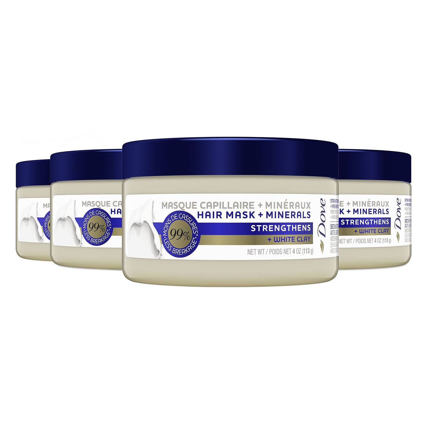 Dove Hair Mask - Strengthening Hair Mask for Damaged Hair and Hair Breakage, Minerals White Clay, 4 oz, 4 Count