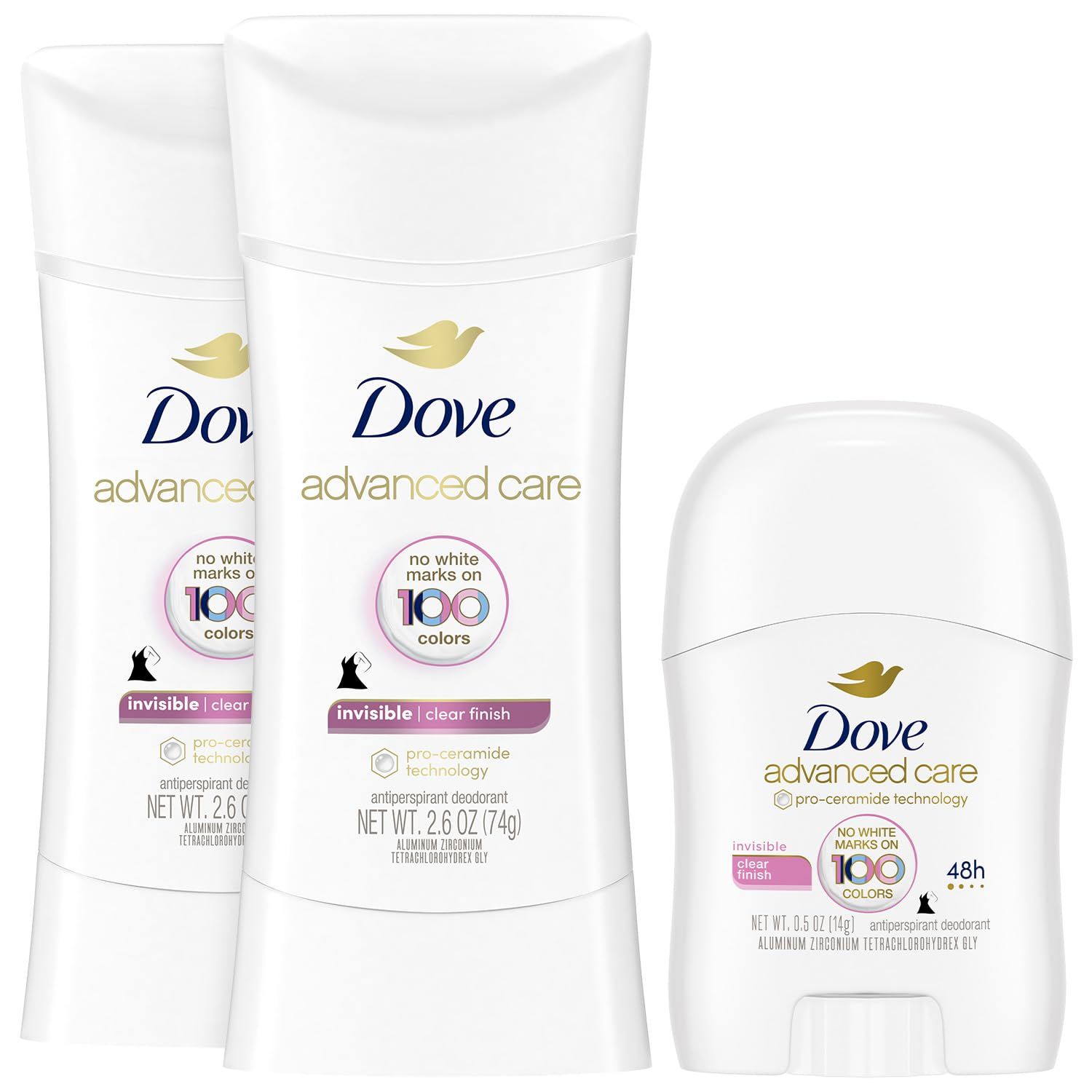 Dove Antiperspirant Deodorant for Women, Clear Finish, 2-Pack Travel-Size - No White Marks, Pro-Ceramide Technology, Vegan Cruelty-Free
