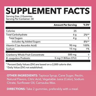 Probiotic Cranberry Gummies for Women - Urinary Tract Health and pH Balance - 1 Billion CFU of Lactobacillus for Bladder Support and Vaginal Wellness - Cran-Raspberry Flavor, 60 count, 1-Month Supply