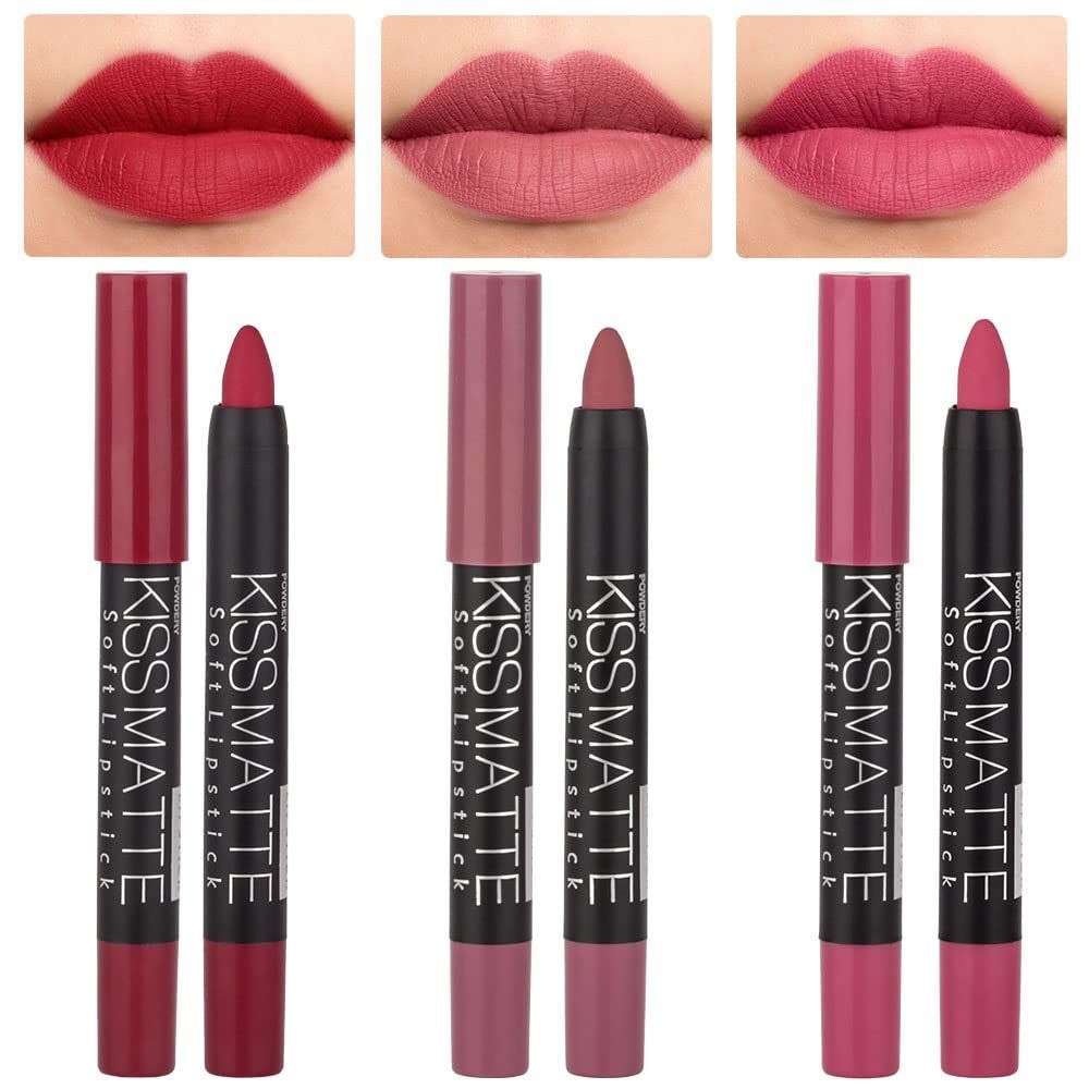 evpct 3Pcs Rub Red Chestnut Mauve Pink Matte Lipstick Lip Crayon Liner Pencil Pen Makeup Set Matte Lipstick and Lip Liner Set 24 Hour Waterproof labiales mate 24 horas originales 131516
