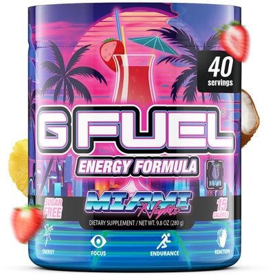 G Fuel Miami Nights Energy Drink Powder, Pre Workout Caffeine Mix for Gaming, Sugar Free Focus Amino, Vitamin Antioxidants, 9.9oz (Strawberry Pina Colada, 40 Servings)