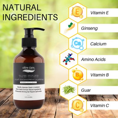 Celine Claire hair enhancement shampoo is a hair loss organic daily shampoo to turn your hair thicker, Fuller and healthier looking Volumizing thinning hair and regrowth thin lost hair
