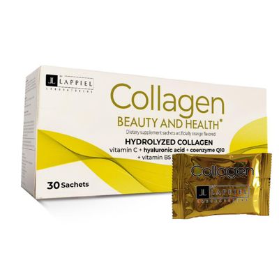 ByLappiel Hydrolyzed Collagen Peptides 30 Powder Packets with Vitamin C (1000mg) Hyaluronic Acid, That Supports Hair, Skin, Nails Joints, Orange Flavor, 30 Servings