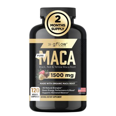 gflow vitamins Organic Maca Root Capsules 1500mg - Made with Black, Red, Yellow Peruvian Maca Root Extract Black Pepper - 120 Vegan Pills - Supports Energy, Performance Mood for Men Women