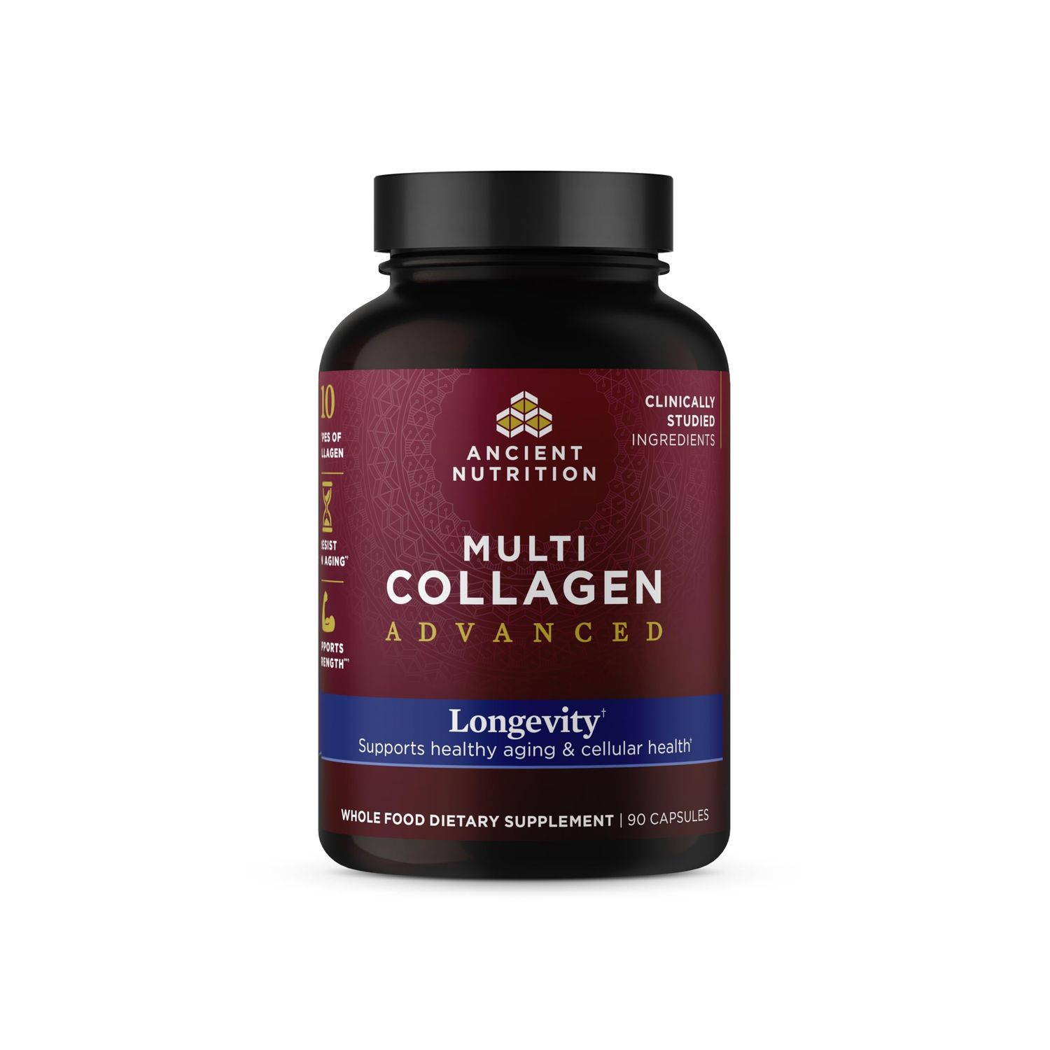 Ancient Nutrition Multi Collagen Advanced Longevity with Probiotics, Hydrolyzed Collagen Peptides Promotes Healthy Aging and Cellular Energy, 90 Count