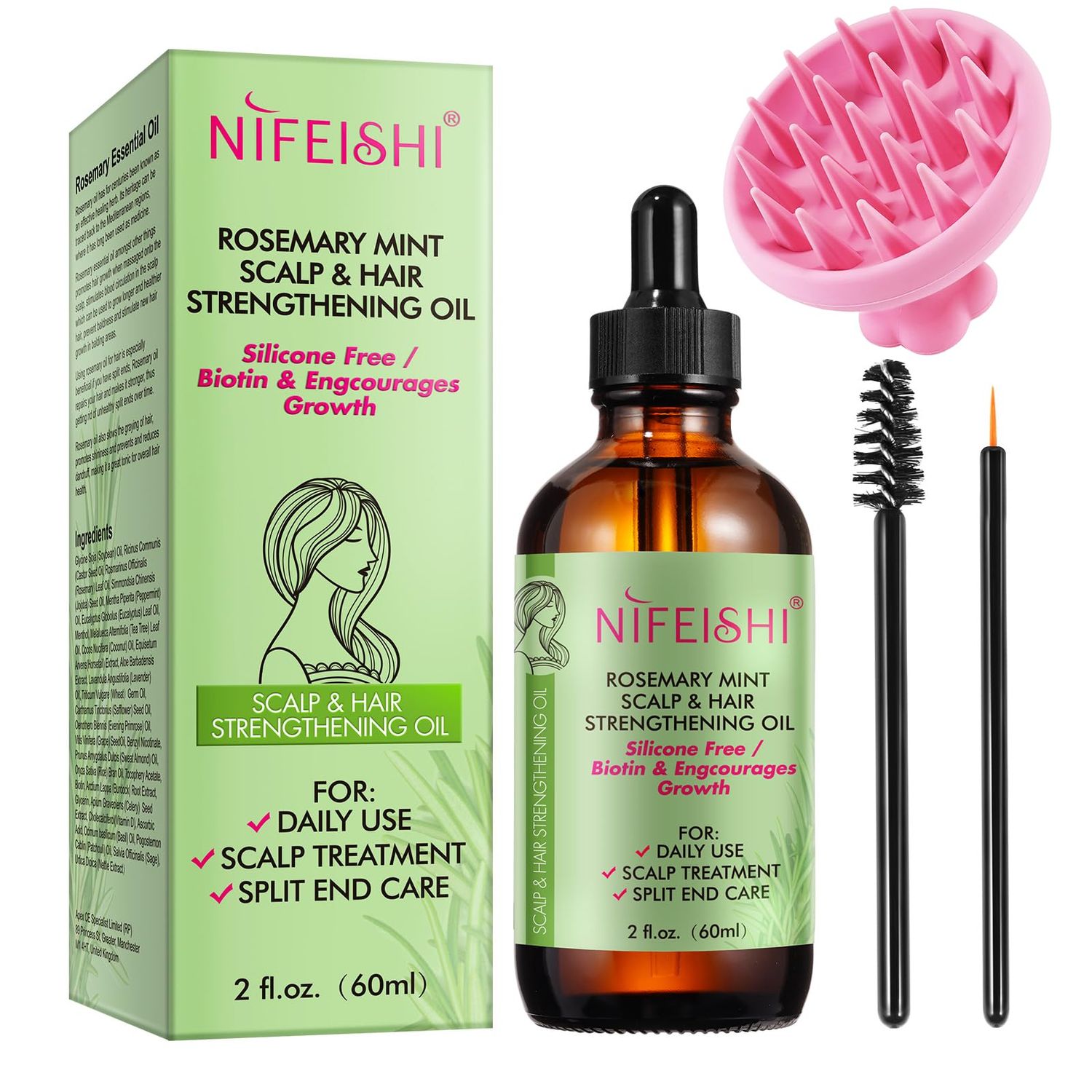 NIFEISHI Rosemary Oil for Hair Growth Strengthening, Organic 60ml, Rosemary Mint Essential Oil for Scalp, Hair , Eyelashs, Eyebrows, Skin, Body Massage