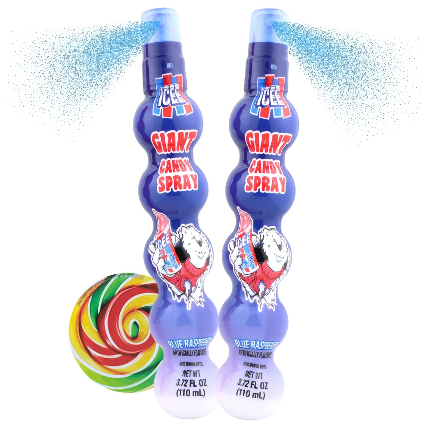 Needzo Blue Raspberry ICEE Spray Candy, Sweet and Sour Liquid Candies, Birthday Party Favor Treats, 3.72 Fl Ounces (Pack of 2) Lollipop Swirl Sticker Included
