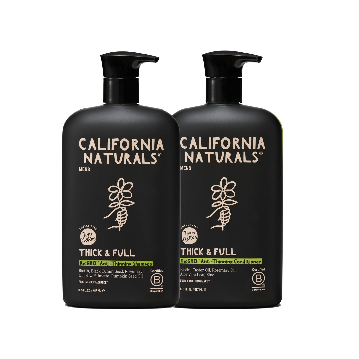 California Naturals Mens Re:Gro Shampoo and Conditioner Duo Set, Anti-Thinning Hair Growth Support, All Hair Types, Vegan, Natural, Cruelty, Silicone, Paraben Sulfate Free for Men, 16.5 oz