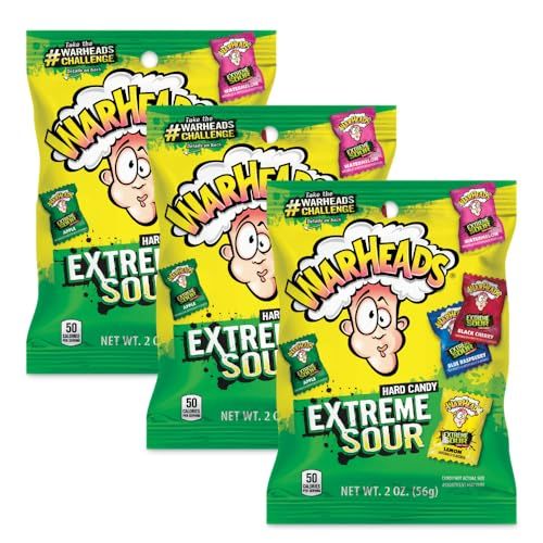 WARHEADS - Extreme Sour Hard Candy - Assorted Flavors - Sour Apple, Black Cherry, Blue Raspberry, Lemon Watermelon Flavors - 2 oz. Bags - 3 Pack