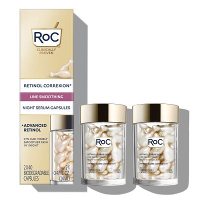 RoC Retinol Correxion Anti-Aging Wrinkle Night Serum, Daily Line Smoothing Skin Care Treatment for Fine Lines, Post-Acne Scars, 80 Capsules (Limited Edition Value Set)