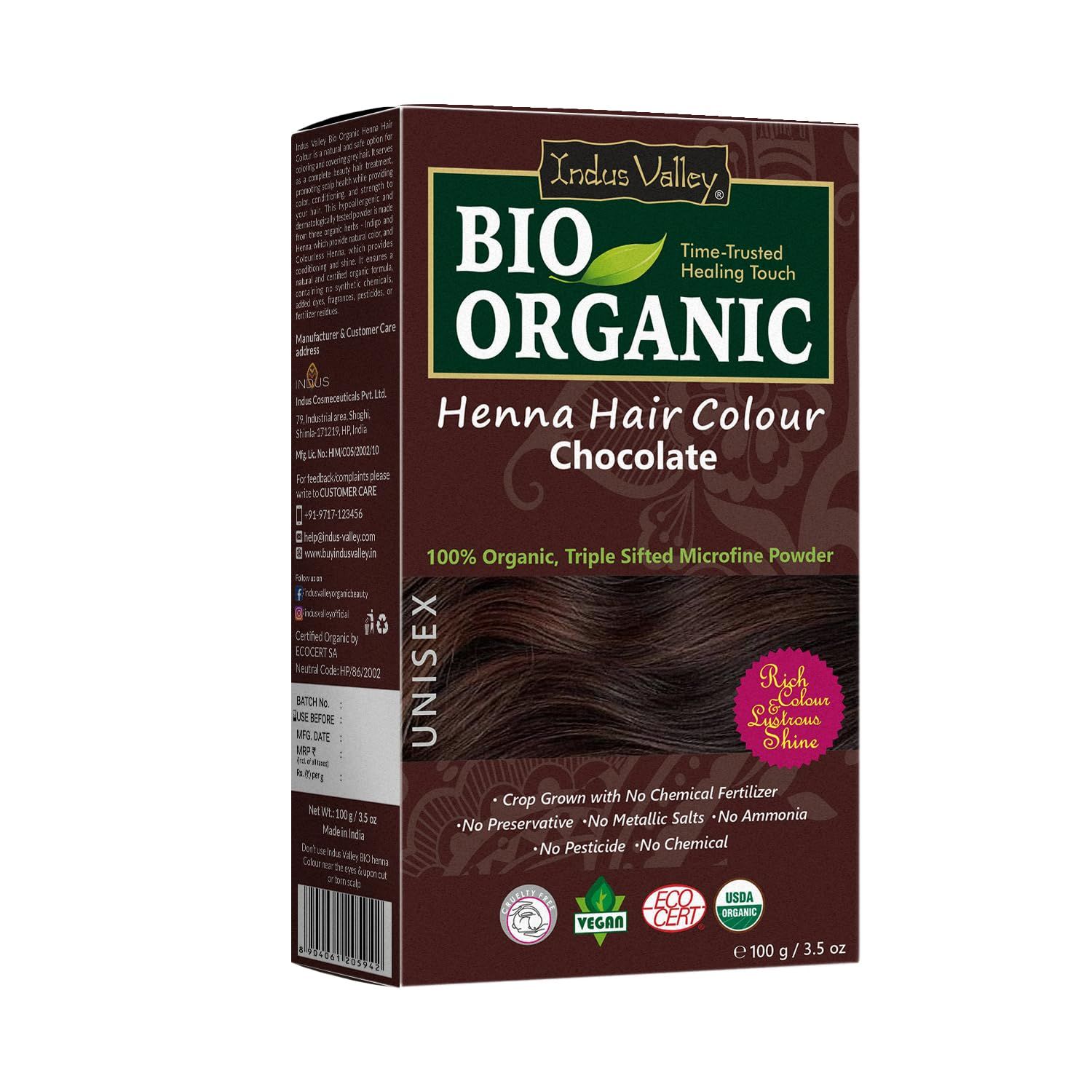 Indus Valley Bio Organic Natural Henna Hair Color Chocolate 100gm 100 Gray Hair Coverage And Long Lasting Hair Dye Natural Hair Dye, Vegan and Cruelty-Free