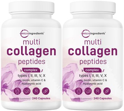 Micro Ingredients 2 Pack Multi Collagen Pills for Women Men, 480 Capsules Type I, II, III, V, X - Hydrolyzed Peptides with Biotin, Hyaluronic Acid Vitamin C Hair, Skin, Nail Joint Support