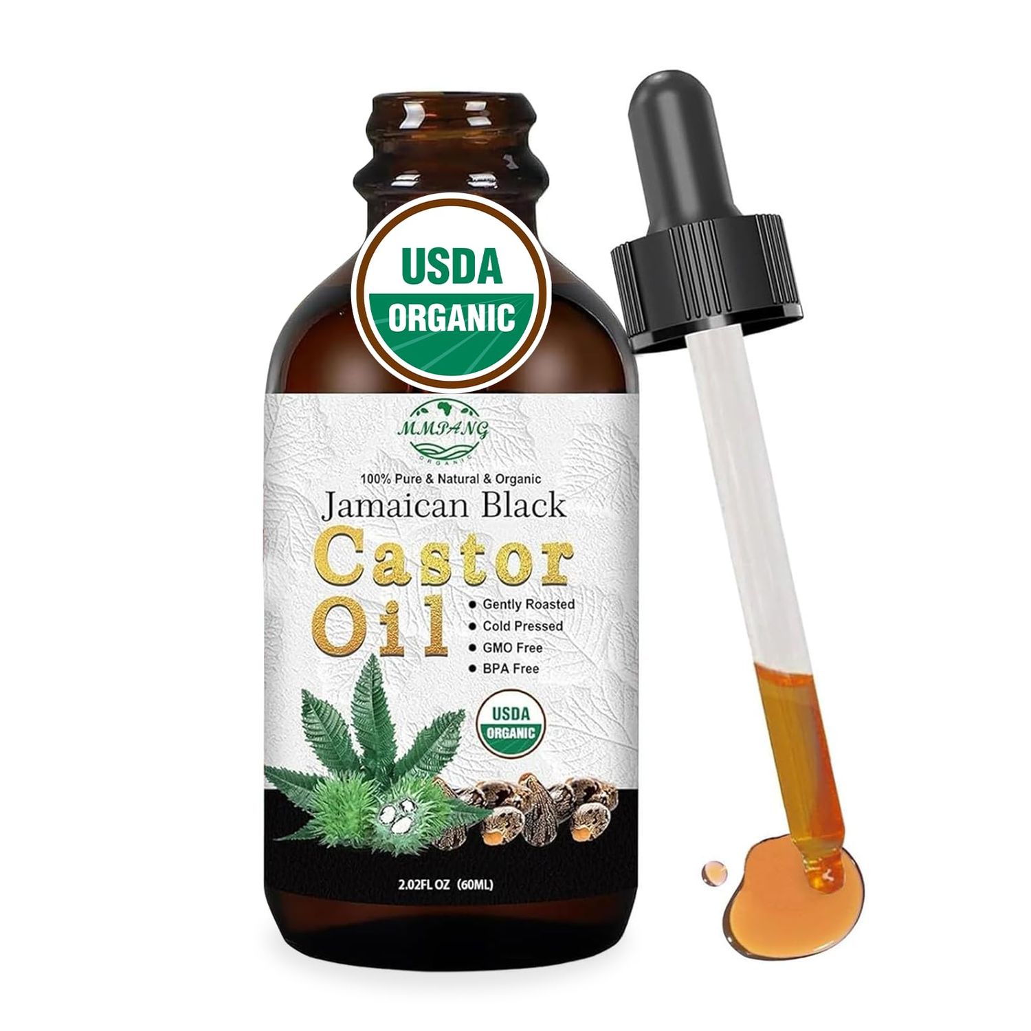MMPANG Organic Jamaican Black Castor Oil in Glass Bottle Cold Pressed Hexane Free, 100 Pure Natural Hair Strengthening Oil, Black Castor Oi for Hair Growth Eyelashes Eyebrows (2oz60ml)