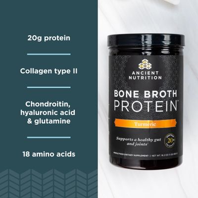Ancient Nutrition Grass Fed, Cage Free, Bone Broth Protein Powder, 20g Protein, Hydrolyzed Collagen Peptides, Keto Paleo Friendly, Supports Joint Gut Health, Turmeric, 20 Servings
