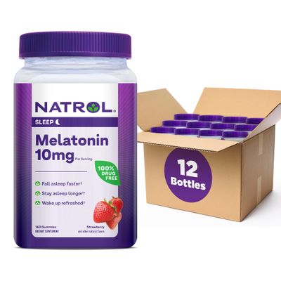 Natrol Melatonin 10mg, Dietary Supplement for Restful Sleep, Sleep Gummies for Adults, 140 Strawberry-Flavored Gummies, 70 Day Supply (Pack of 12)