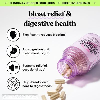 Lemme Debloat 3-in-1 Prebiotic, Probiotic Digestive Enzyme Capsules for Bloating Gas Relief - 2 Clinically Studied Probiotics w5 Digestive Enzymes to Improve Digestion, Women Men, (60 Count)