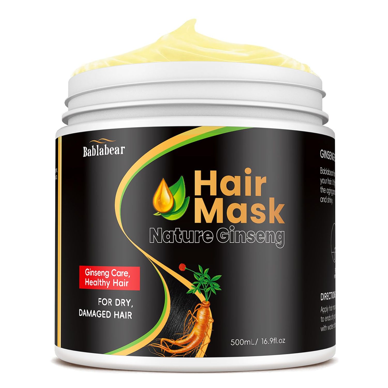 Bablabear Hair Mask Treatment - Hair Conditioning Masque for Dry Damaged Colored Hair - Repairing Hydrating Moisturizing Nourishing with hydrolyzed keratin Ginseng Extract Cruelty-free(16.9 Fl Oz)