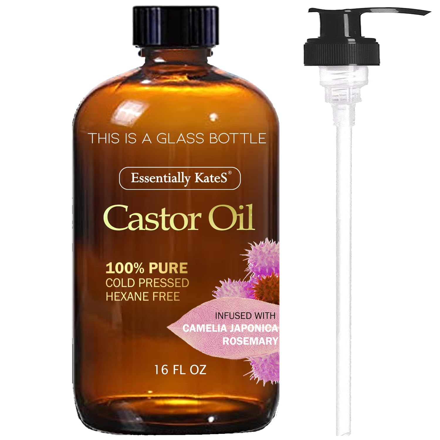 Castor Oil 16 Fl Oz (Glass Bottle) - Camelia Japonica Rosemary - A Huge Glass Bottle with a Pump - 100 Pure and Natural, Cold Pressed, and Hexane-Free - Hair Oil, Body Oil
