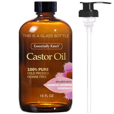 Castor Oil 16 Fl Oz (Glass Bottle) - Camelia Japonica Rosemary - A Huge Glass Bottle with a Pump - 100 Pure and Natural, Cold Pressed, and Hexane-Free - Hair Oil, Body Oil