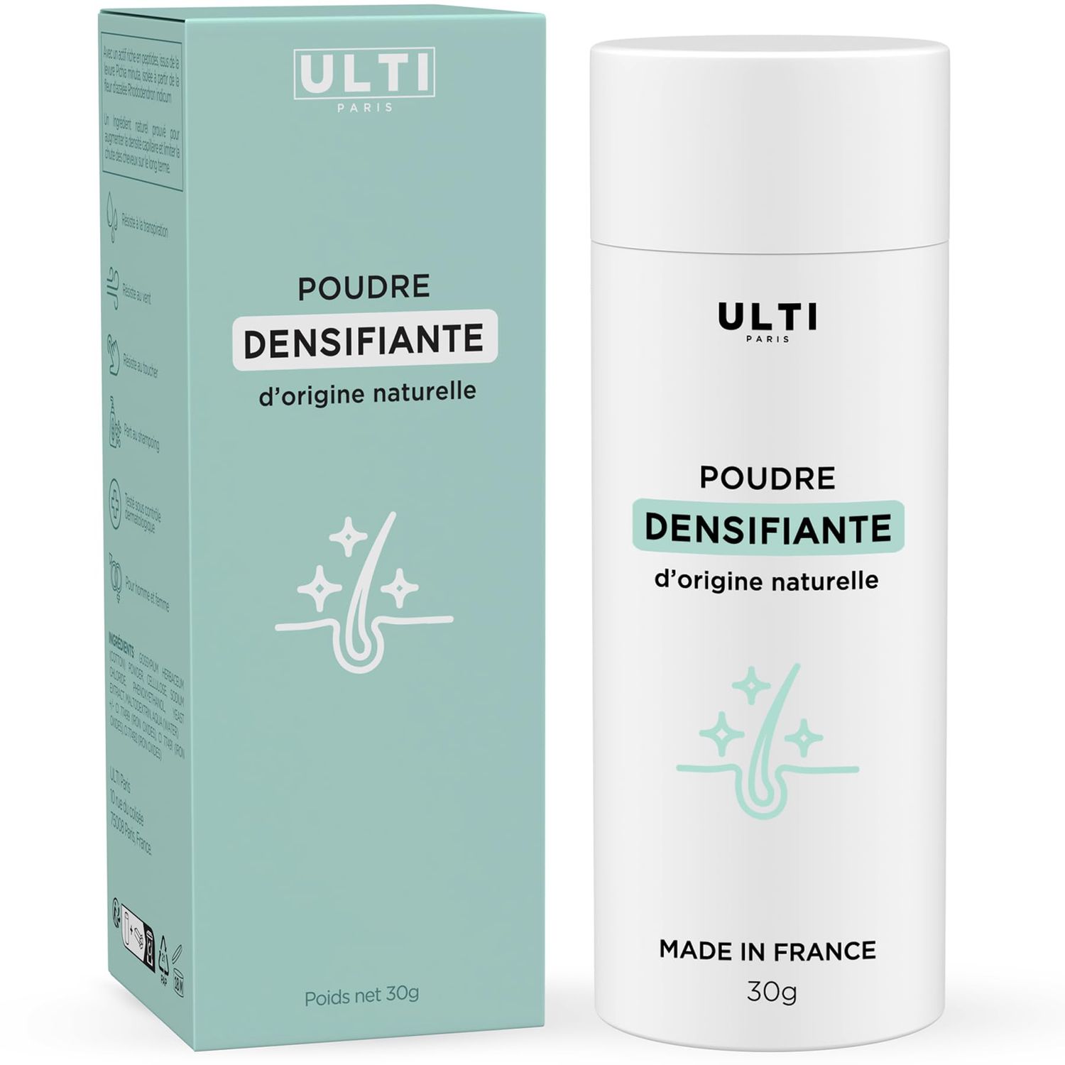 ULTI Paris Hair fibers (25g) for thinning hair - Hair Thickening - Instant Full Hair, 100 Natural - Premium french formula - for Women Men - Hair Powder (Black)