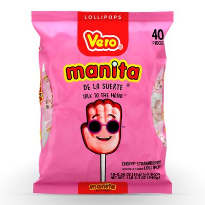 Vero Manita Paletas Strawberry Cherry Flavored Lollipop (40 Count Bag) - Individually Wrapped Lollipops - Mexican Candy - Paletas Mexicanas Sabor Fresa