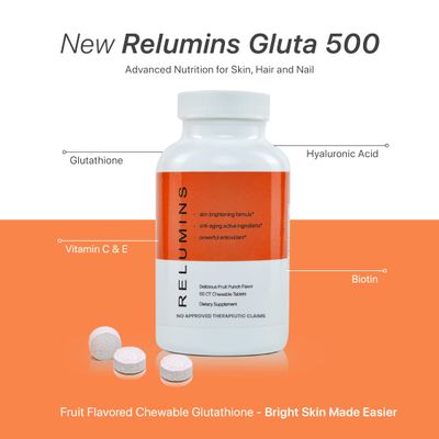 Relumins Gluta 500 - ChewableSublime Wall Glutathione Complex with Advanced Skin Nutrition - Hyaluronic Acid, VIT C, Biotin Plus 4 Powerful Actives - Fruit Punch Flavored - 60CT