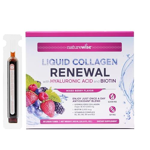 NatureWise Hydrolyzed Liquid Collagen for Women Men 4000mg - High Absorption, Type 1 3 Peptides with Biotin Vitamin C Vitamin B Complex Hyaluronic Acid -Mixed Berry - 30 Tubes30 Day Supply