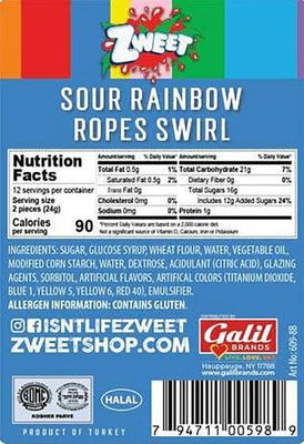 Zweet Sour Rainbow Ropes Swirl 10 Ounce - Sour Kosher Candy, Halal Candy - Resealable Pack of Sour Licorice Ropes, Rainbow Candy
