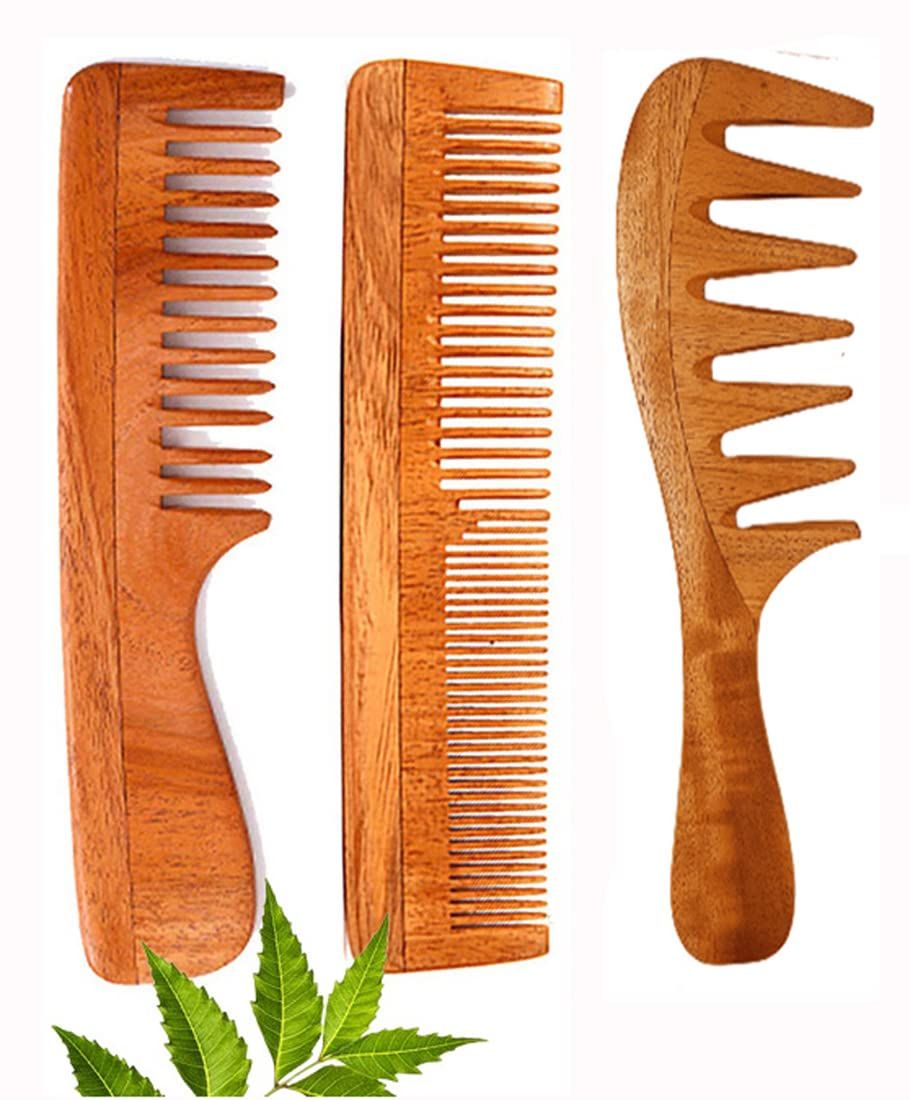 Rufiys Curly Hair Neem Wood Comb For Women Men, Hair Growth, Hairfall, Dandruff Control, Detangle Wooden Comb Set Of 3