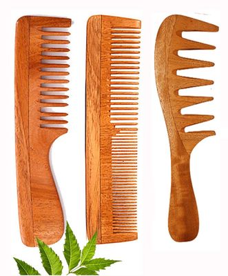 Rufiys Curly Hair Neem Wood Comb For Women Men, Hair Growth, Hairfall, Dandruff Control, Detangle Wooden Comb Set Of 3