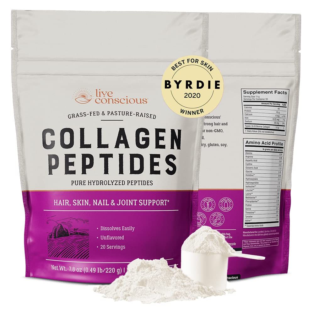 Live Conscious Collagen Powder Hydrolyzed Collagen Peptides Type I III - Keto Paleo Friendly - Unflavored - 20 Servings, 7.8 oz