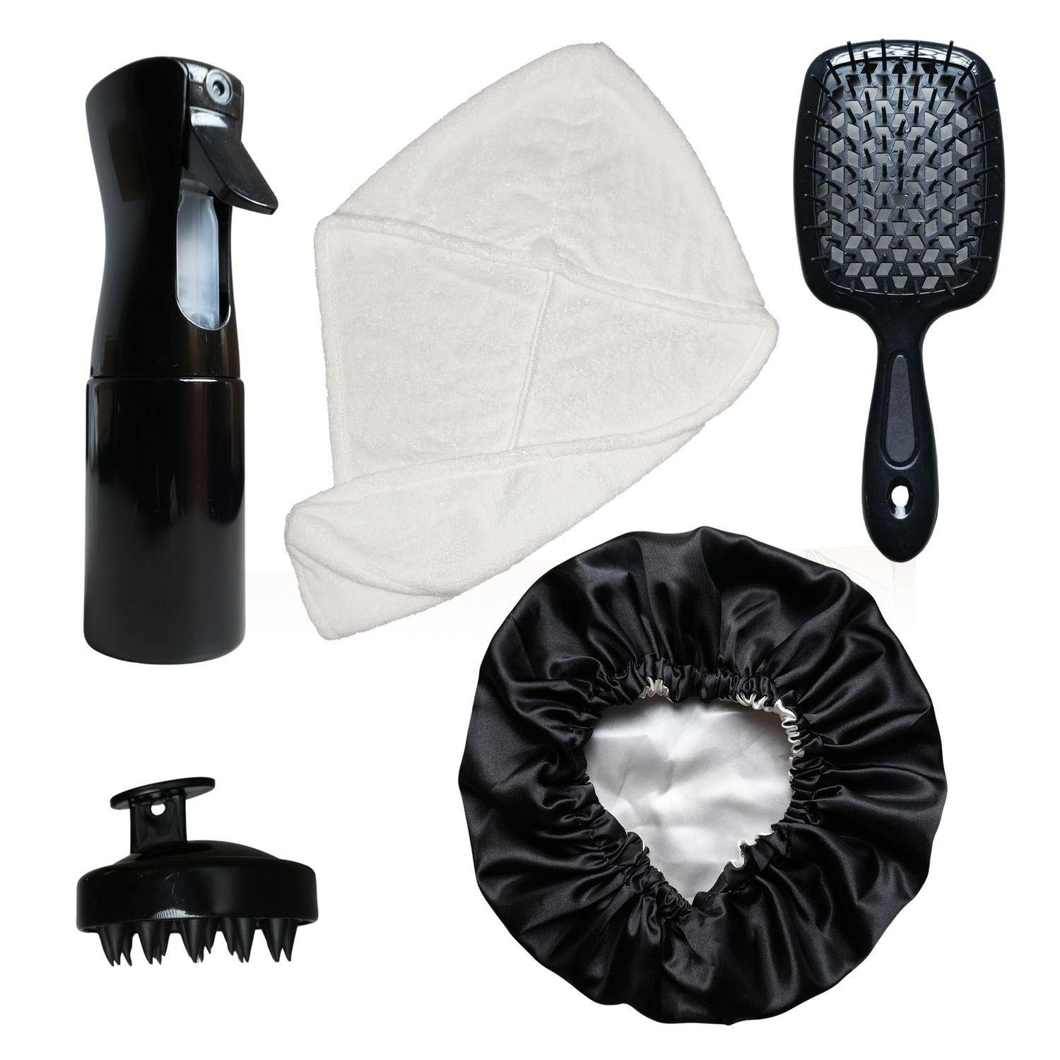 VIBESKIN Curly Hair Essentials Set - Mist Spray Bottle For Styling, Detangler Brush, Scalp Massager For Hair Growth, Silicone Scrubber, Turban Towel For Women, Microfiber Wrap, Satin Sleeping Bonnet
