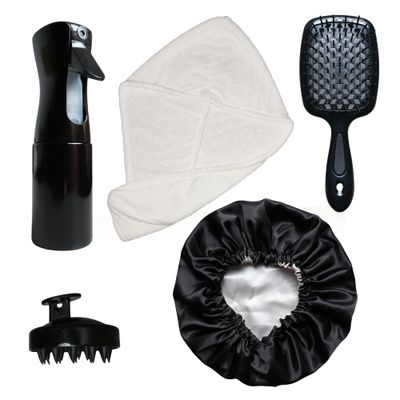 VIBESKIN Curly Hair Essentials Set - Mist Spray Bottle For Styling, Detangler Brush, Scalp Massager For Hair Growth, Silicone Scrubber, Turban Towel For Women, Microfiber Wrap, Satin Sleeping Bonnet