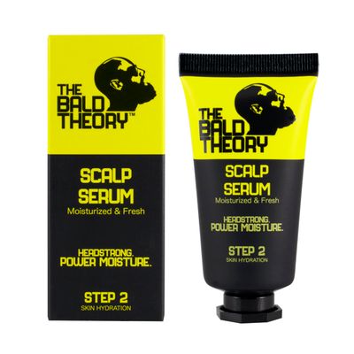 The Bald Theory Scalp Serum, Salicylic Acid - Exfoliates Unclogs Pores, Hyaluronic Acid - Deeply Hydrates, Niacinamide - Improves Skin Tone, Aloe Vera - Relieves Irritation, Tea Tree - Treats Acne.