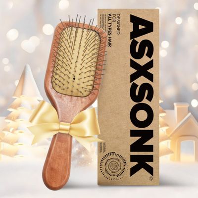Natural Wood Bamboo Hair Brush for HairGrowth Shine - Detangling Paddle Brush with Air Cushion, Scalp Massager for Women, Men, Kids All Hair Types