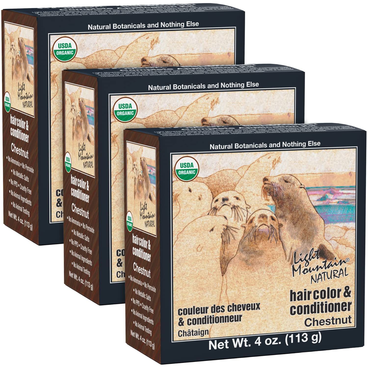 Light Mountain Henna Hair Color Conditioner - Chestnut Hair Dye for MenWomen, Organic Henna Leaf Powder and Botanicals, Chemical-Free, Semi-Permanent Hair Color, 4 Oz (Pack of 3)