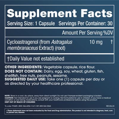 Cycloastragenol Supplement, 10 mg per Serving Science-Backed to Support Telomere Length, DNA Structure Healthy Aging Third-Party Tested for Purity Quality