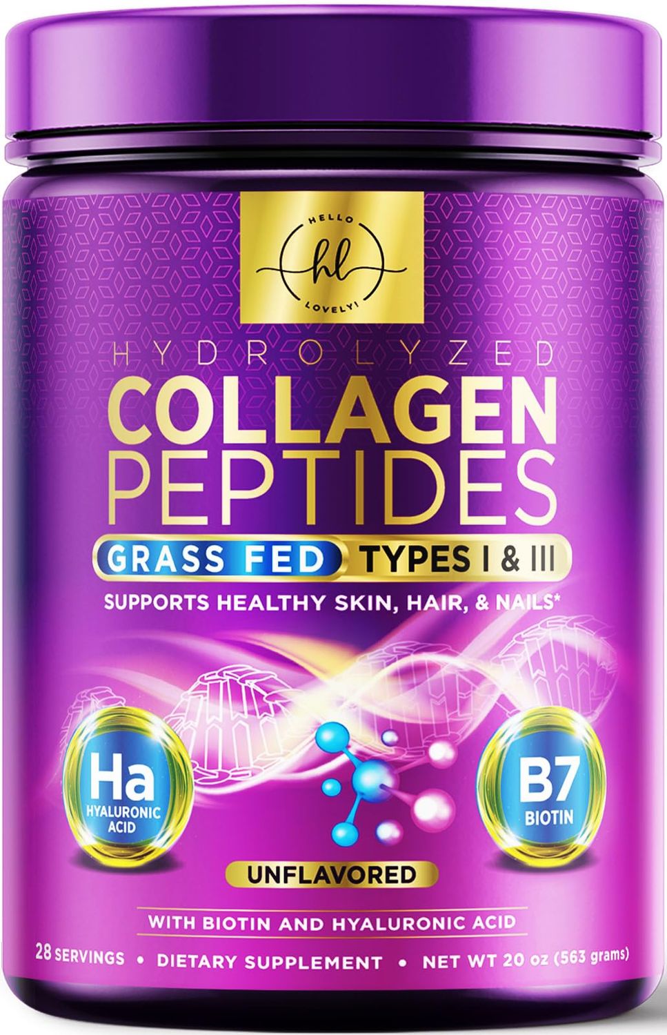 Collagen Peptides Powder - Unflavored Grass Fed Collagen Powder Type I III Collagen Supplements with Hyaluronic Acid Biotin - Women&#39;s Hair, Nail, Skin, Bones Joint Health Support - 28 Servings