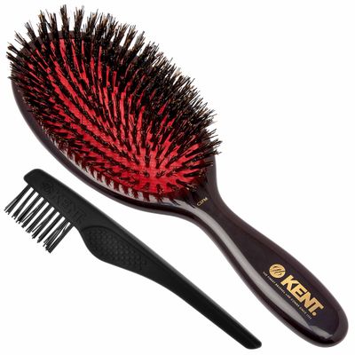 Kent CSFM Classic Shine Large Oval Cushion Straightening Brush and Hair Detangler - Natural Black Boar Bristle Hair Brush - Shine Hair Brush and Scalp Scrubber for Shoulder to Mid-Length Hair
